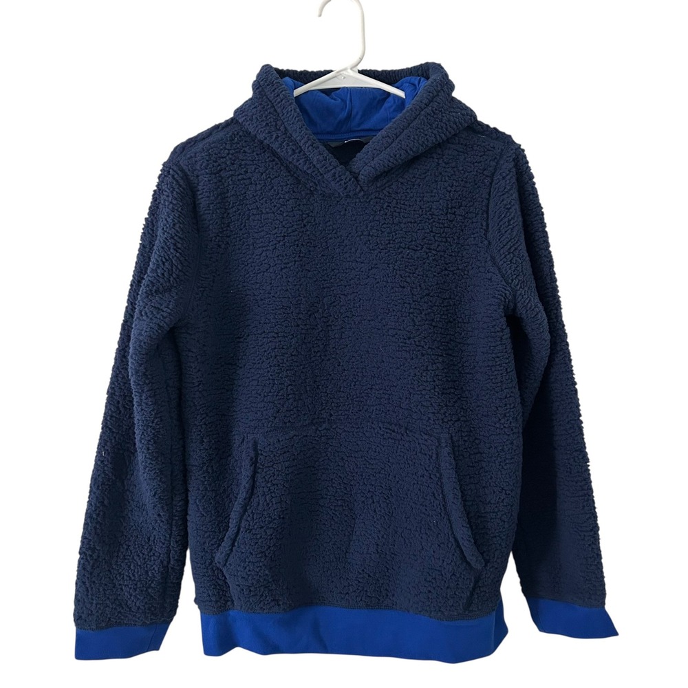 Lands' End Kids Boys Sherpa Flannel Pullover Hoodie Navy XL 14 16 NWOT